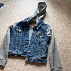 Levi's Blue Denim Jacket with Gray Hoodie Sleeves